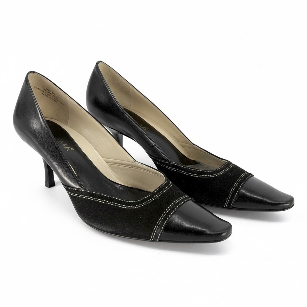 Ipanema Pace Pumps Women 7.5 Black Leather Suede Pointed Toe Stitched Heel